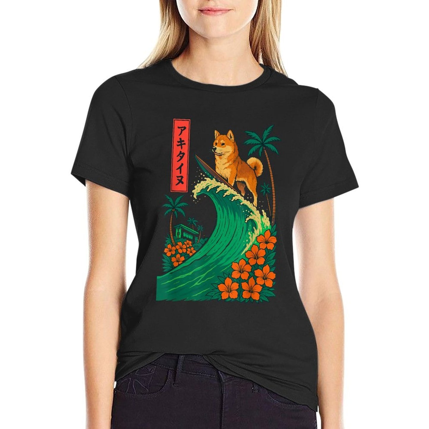 Japanese Shiba Inu Surfing Wave Great Wave Japan  High-quality Stitching T-Shirt