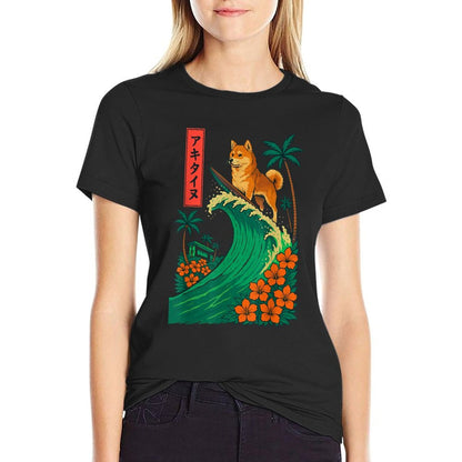 Japanese Shiba Inu Surfing Wave Great Wave Japan  High-quality Stitching T-Shirt