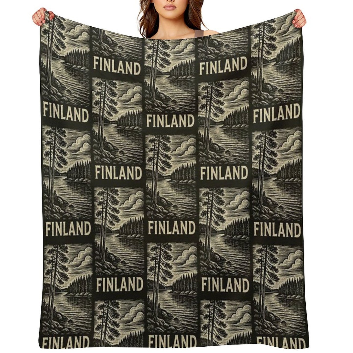 Finland Linocut Style Quick-dry Throw Blanket