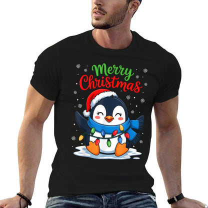 Merry Christmas Penguin Santa Hat Xmas Light Family Matching  Graphic-printed T-Shirt