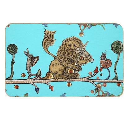 WEIRD MEDIEVAL BESTIARY MAKING MUSIC Violinist Lion,Hare,Snail Cat in Blue by Bulgan Lumini  Odorless Bath Mat