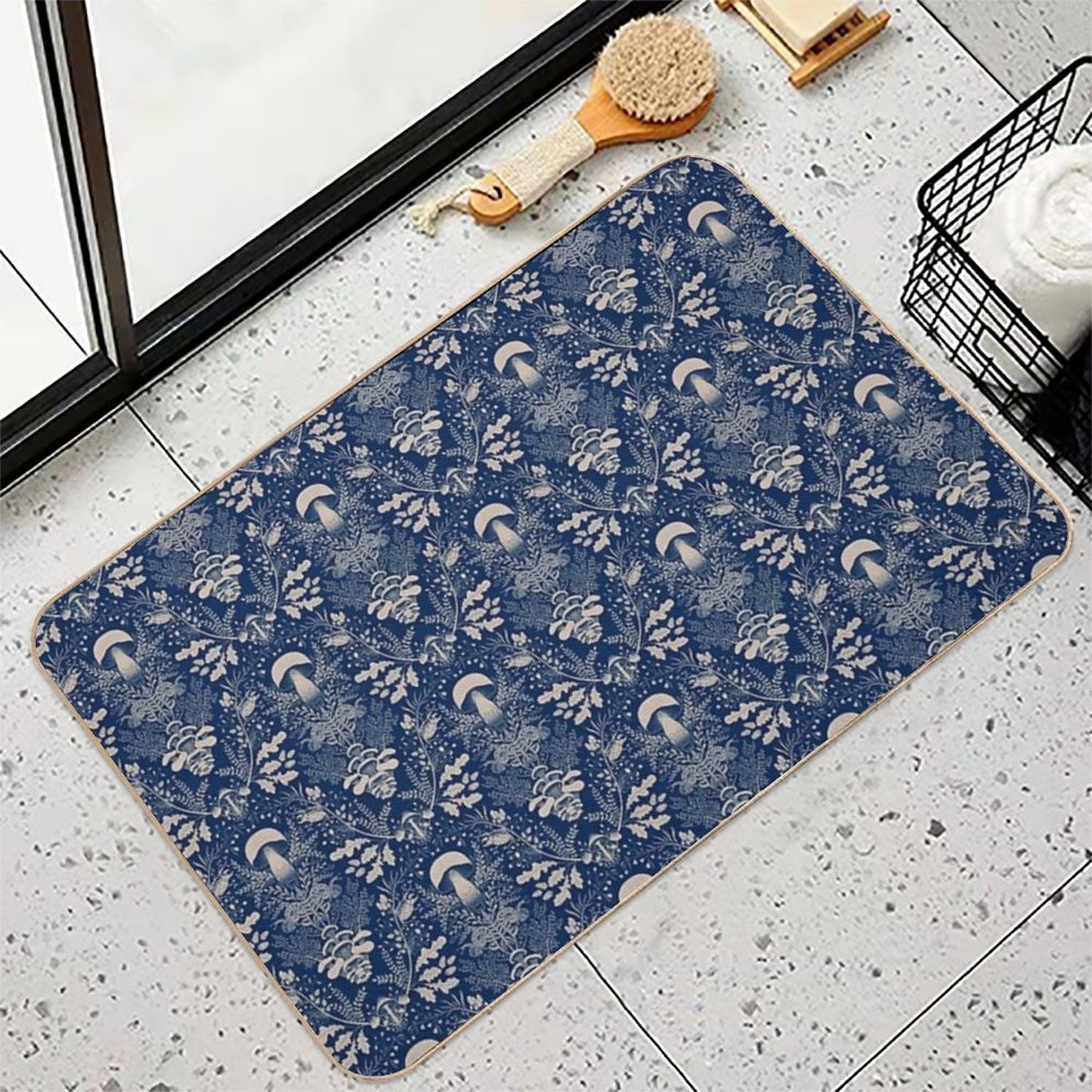 Mushrooms Forest Damask Navy Blue Beige  Pet-Safe Bath Mat