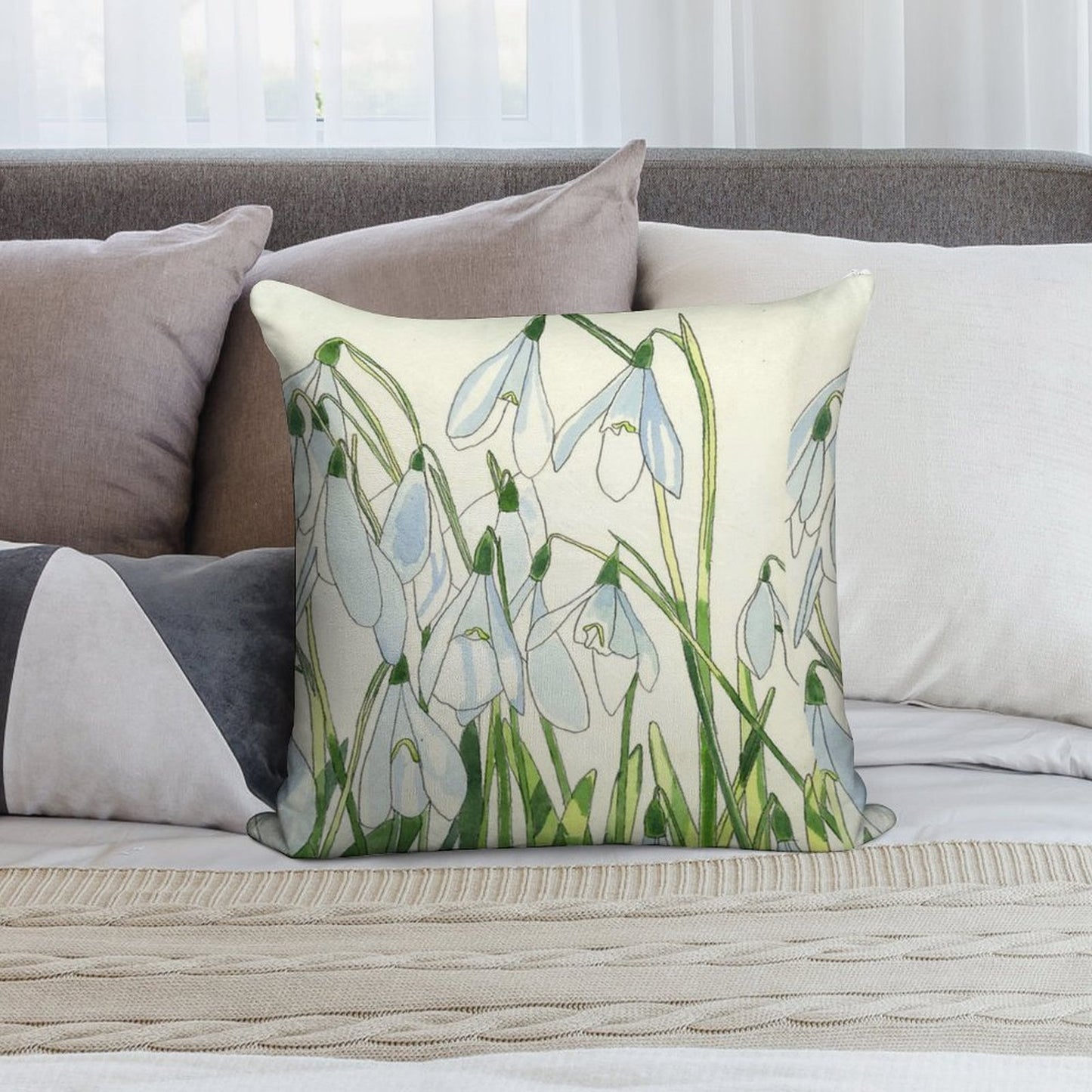 Snowdrops Watercolour Painting Soft High-Density Material Throw Pillow