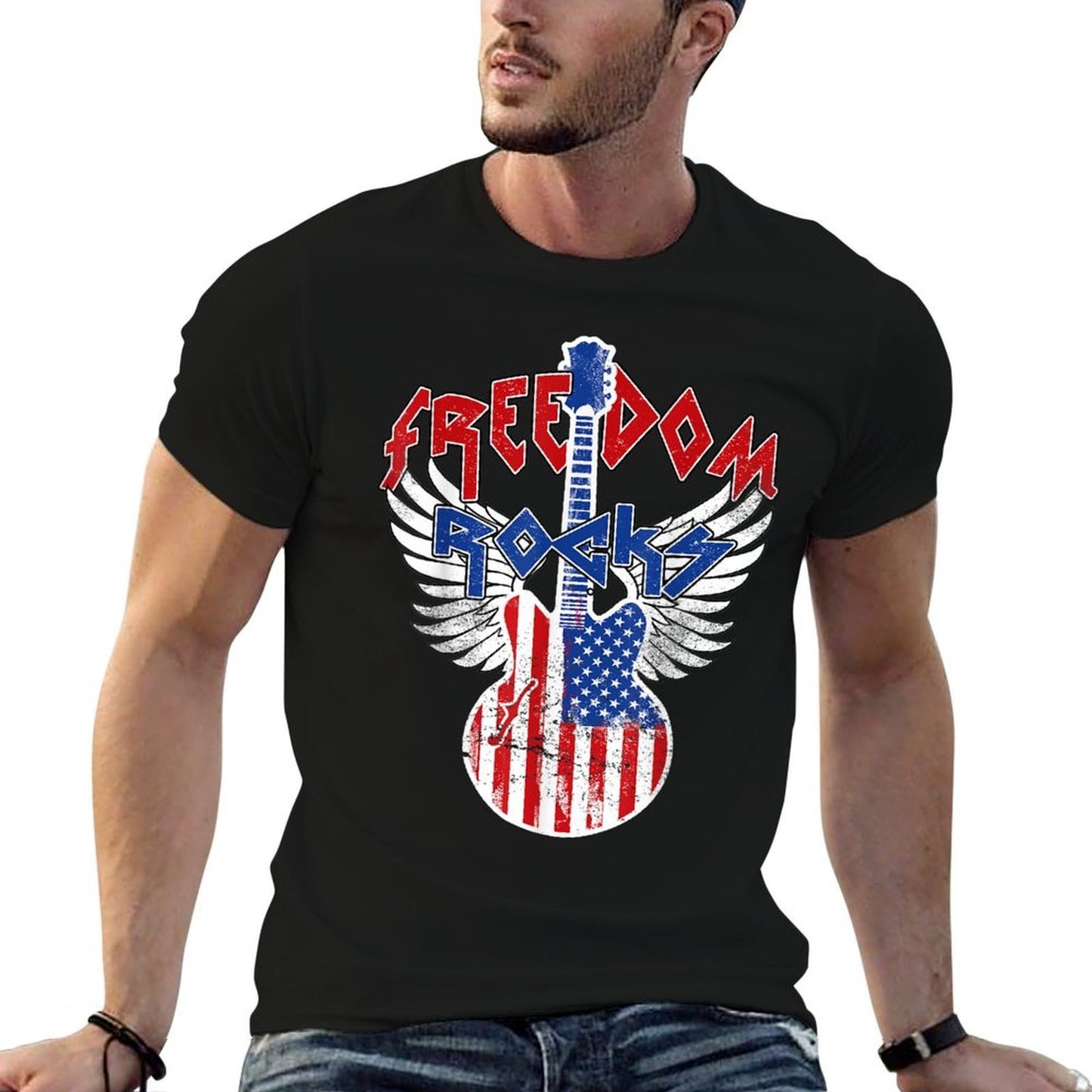 Freedom Rocks 4th of July Patriotic USA Rocks Guitar  Stretchy T-Shirt