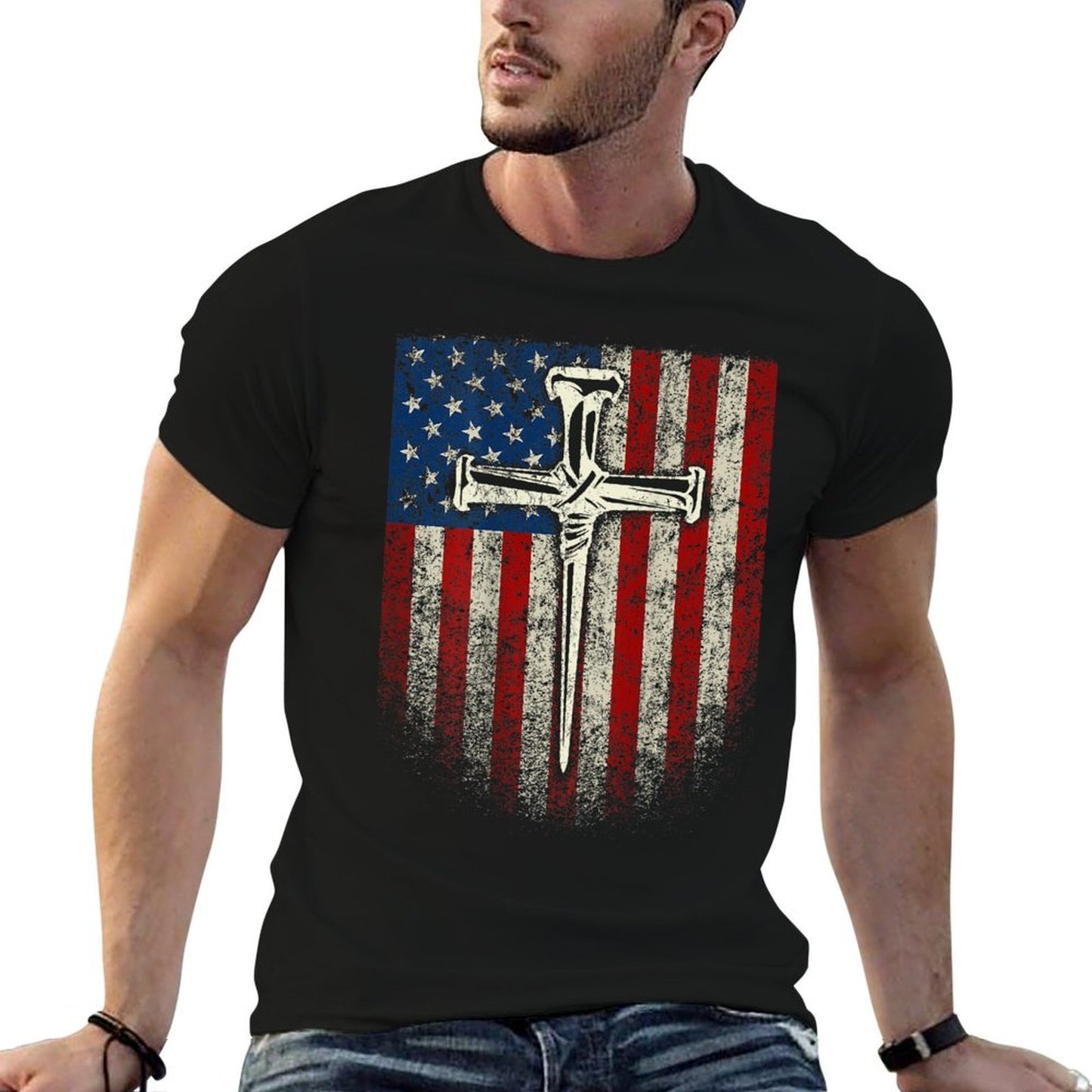 (Art on Back) American US Cross Christian  Heathered Texture T-Shirt