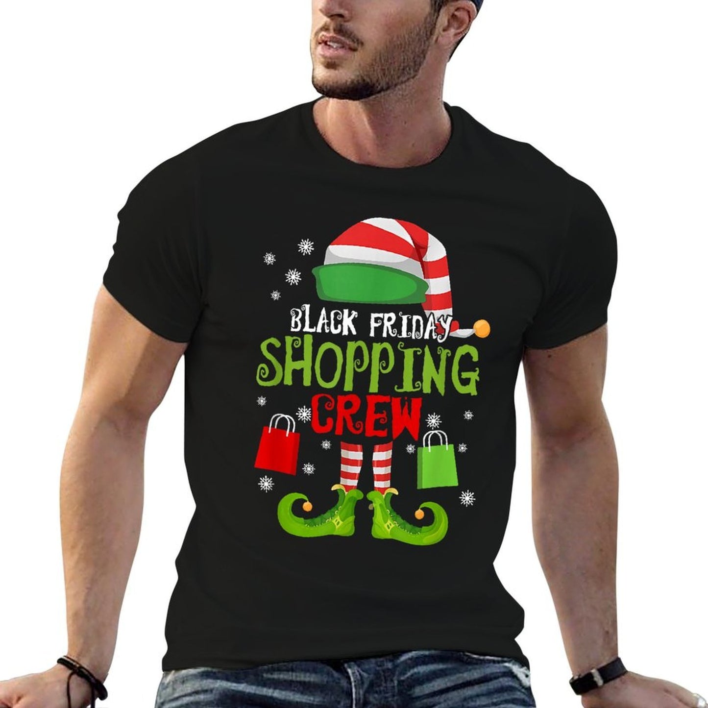 Elf Christmas Black Shopping Funny Friday Shopping Crew Xmas  Fade-proof Color T-Shirt