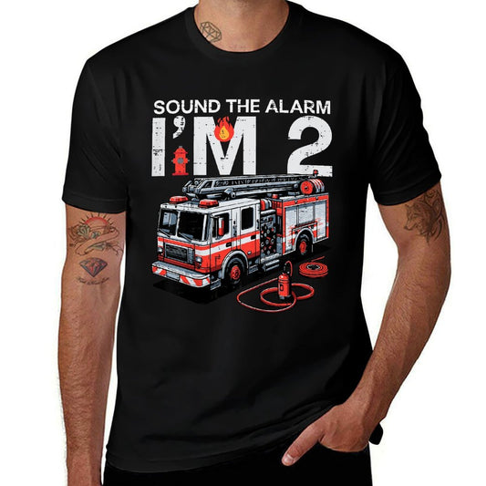 Kids Sound The Alarm Im 2 Fire Truck 2nd Year Birthday Boys Kids  Rolled Sleeves T-Shirt