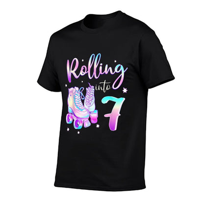 Kids 7 Years Old Birthday Girls Rolling Into 7th Bday Theme  Tagless Design T-Shirt