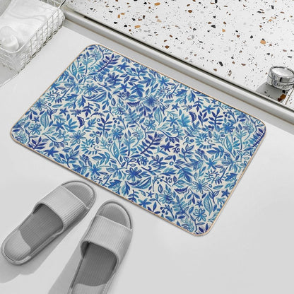 Floating Garden - A Watercolor Pattern in Blue  Easy Maintenance Bath Mat