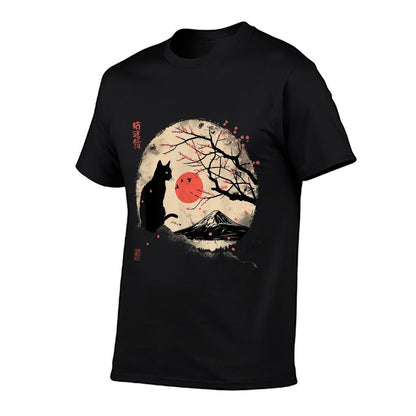 Black Cat Vintage Japan Art Japanese Theme Retro Print  Cotton T-Shirt