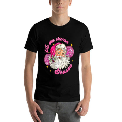 Tis The Damn Season Xmas Retro Santa Disco Pink Christmas  Fade-proof Color T-Shirt