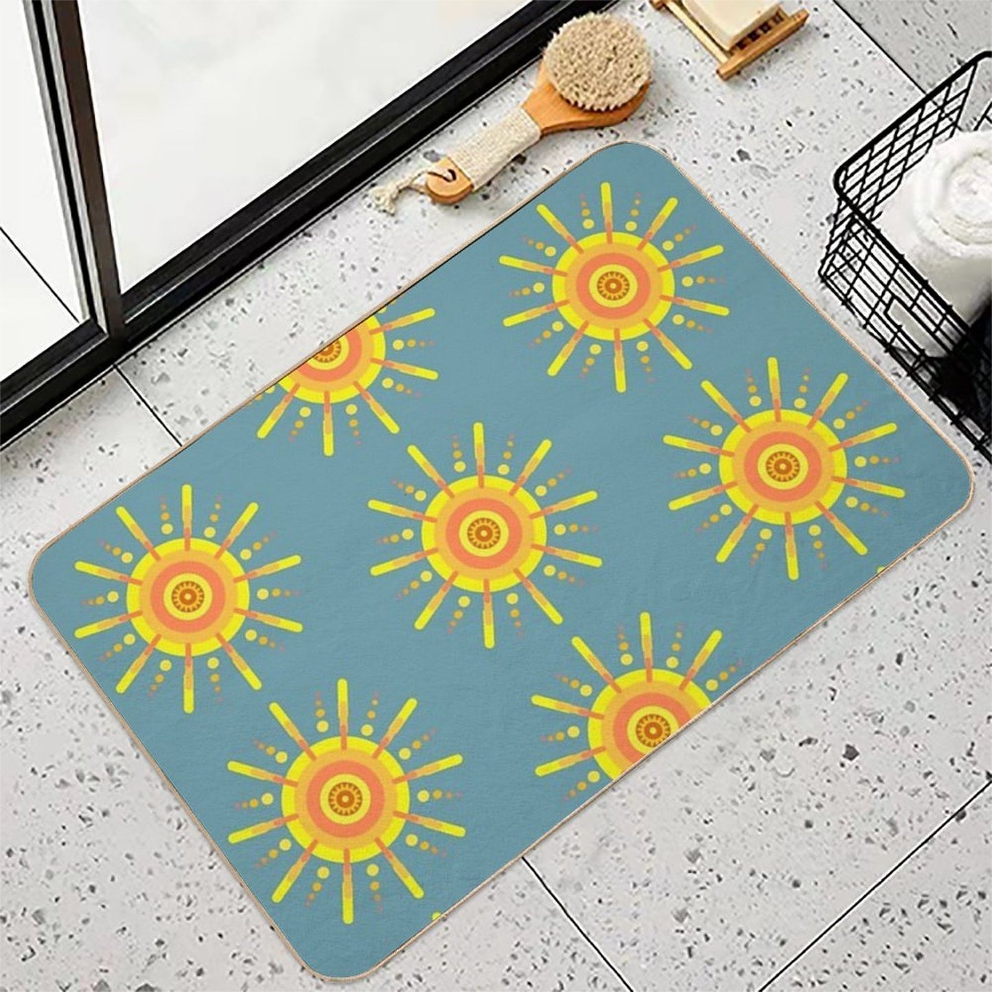 Yellow Sun Pattern Retro Style Design Blue  High-Traffic Bath Mat