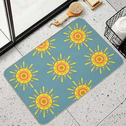 Yellow Sun Pattern Retro Style Design Blue  High-Traffic Bath Mat