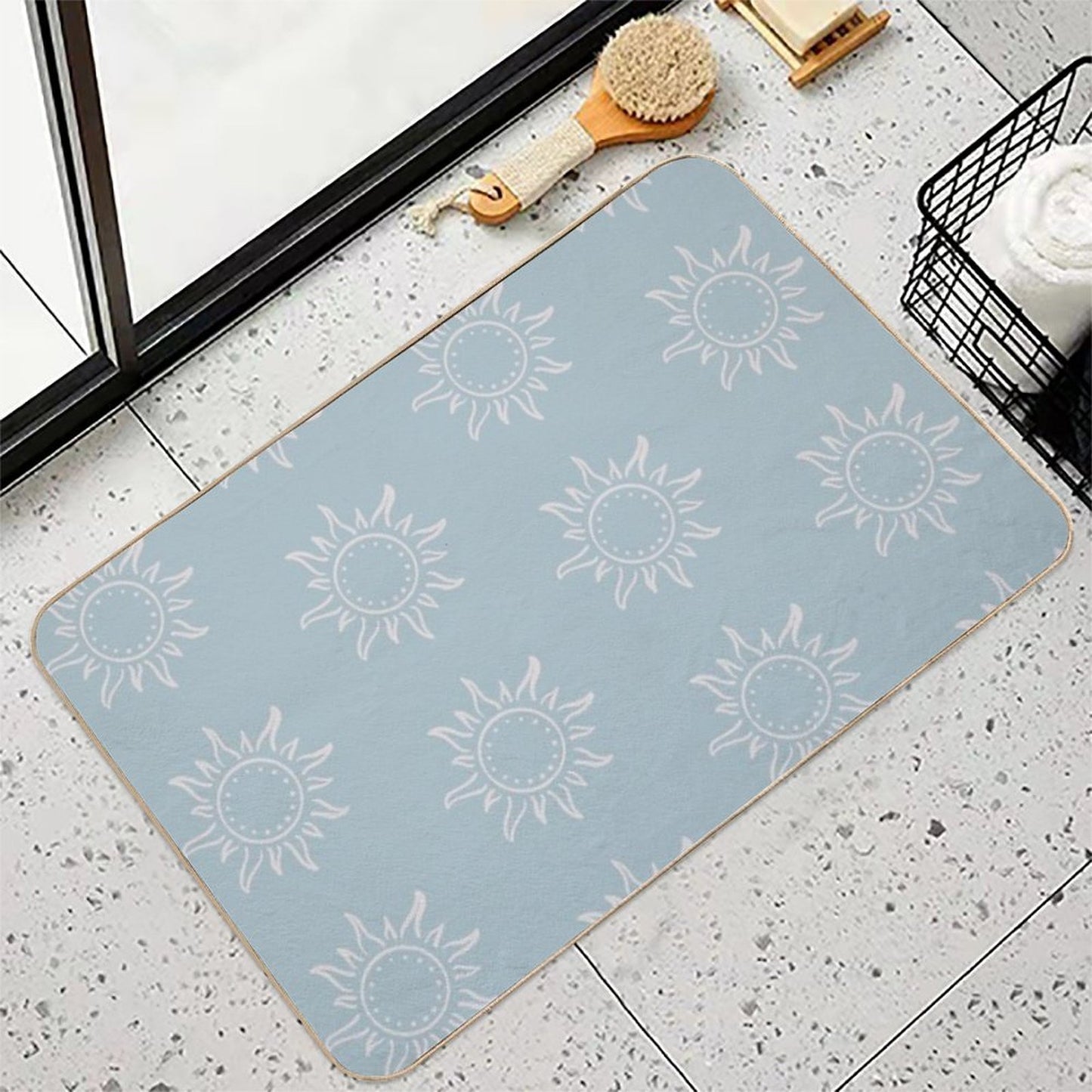 Cute Boho Sun Pattern Bohemian Aesthetic In Muted Colors Sky Blue  Easy Maintenance Bath Mat