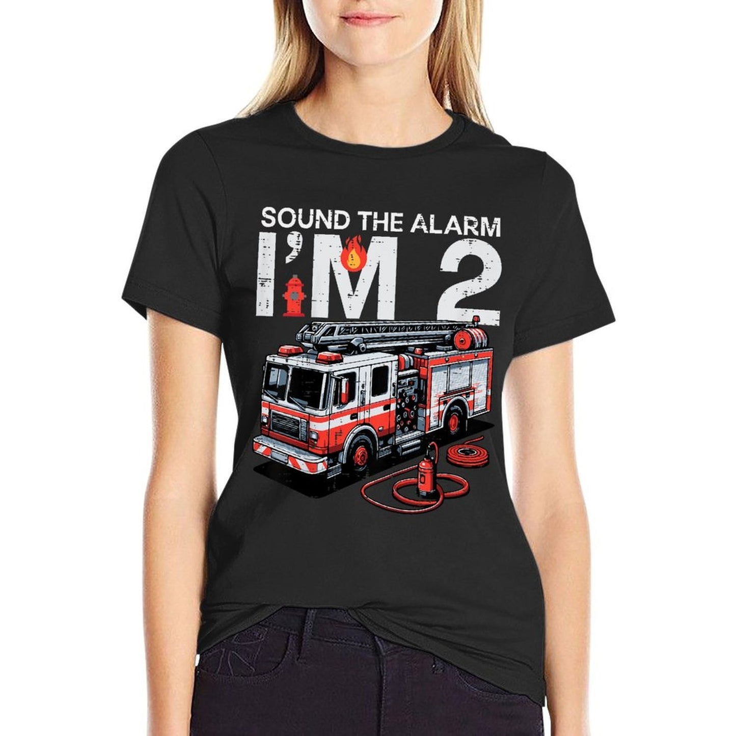 Kids Sound The Alarm Im 2 Fire Truck 2nd Year Birthday Boys Kids  Rolled Sleeves T-Shirt