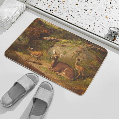 Arthur Fitzwilliam Tait - Doe And Two Fawns  Long-Lasting Bath Mat