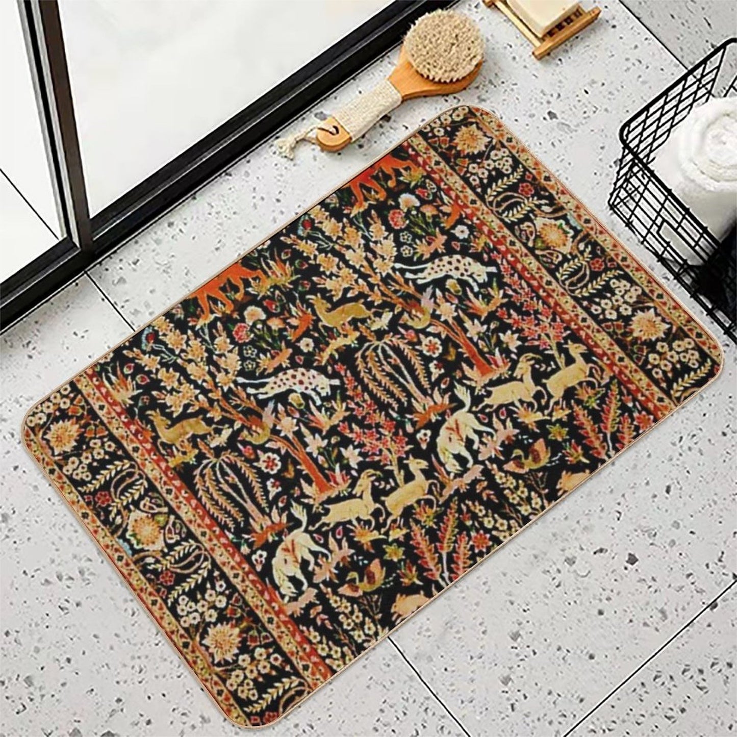 Antique Floral Persian Carpet with Animals Print  Eco-Friendly Bath Mat