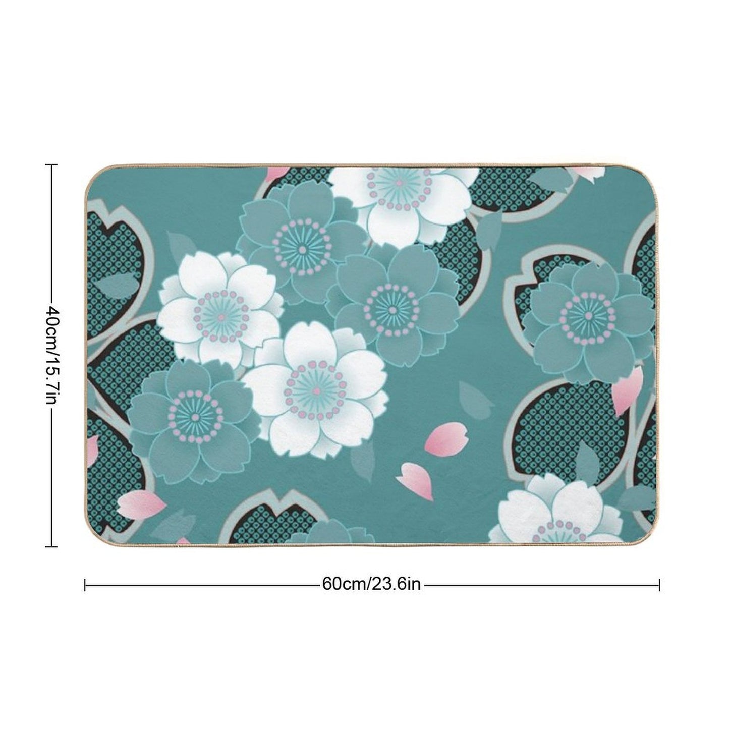 Pink White Teal Floral Japanese Sakura Kimono Pattern  Eco-Friendly Bath Mat