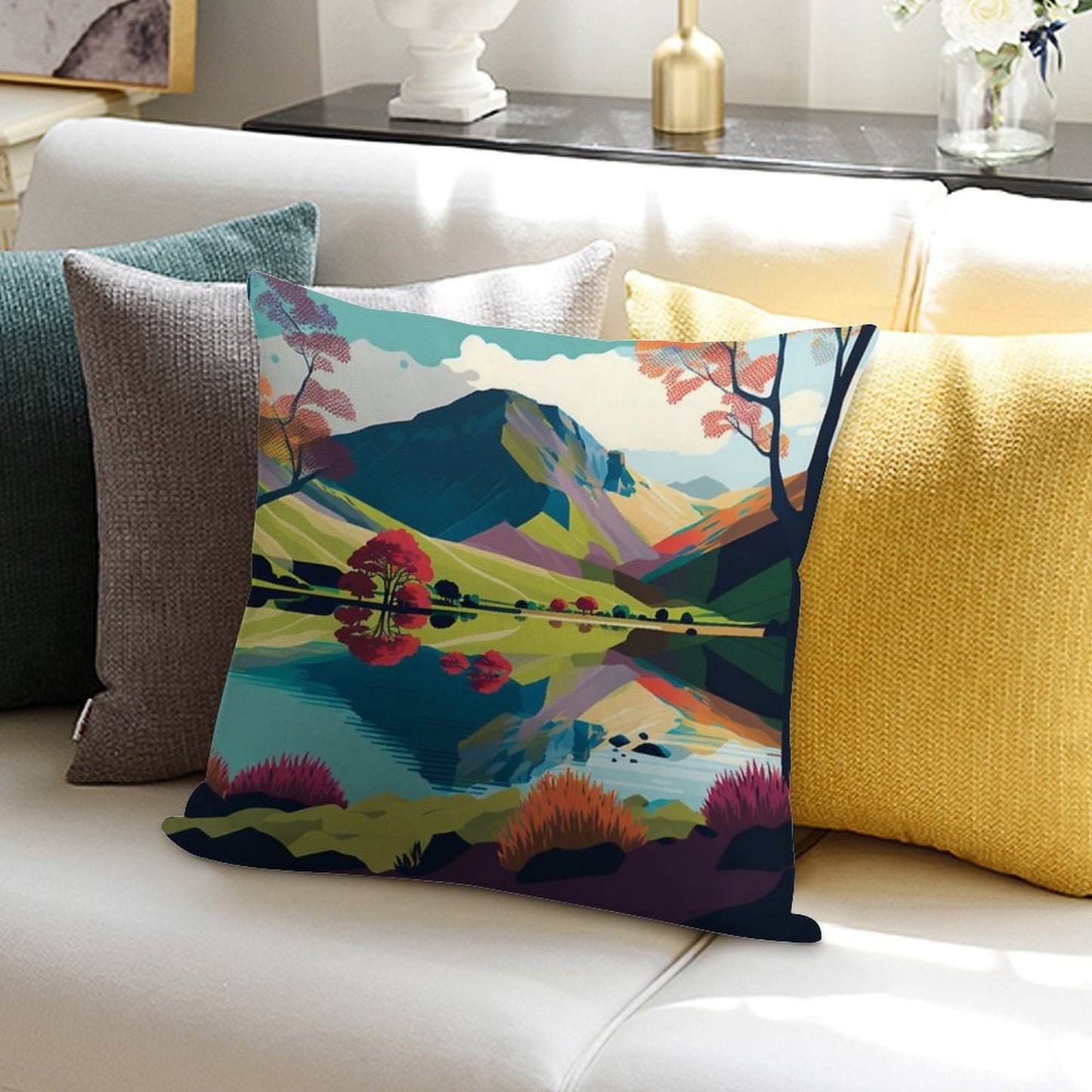 Vibrant Landscape of The Lake District Soft Anti-Pilling Throw Pillow