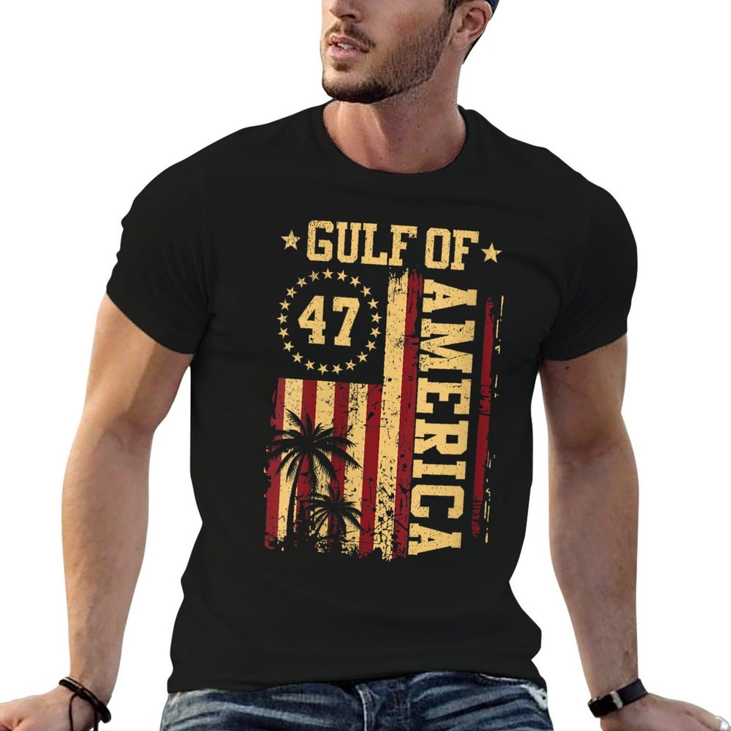 Womens Vintage Gulf Of USA America Funny USA Flag Men Women V-Neck Rolled Sleeves T-Shirt