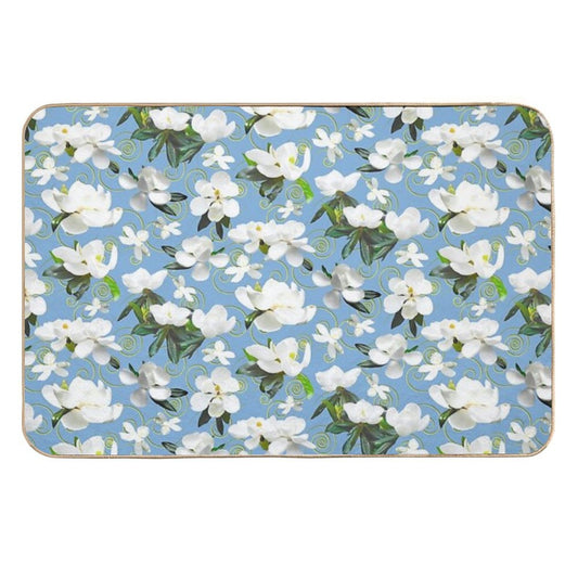 Bright Magnolia Floral Halfdrop on Blue 80afda  Fade-Resistant Bath Mat