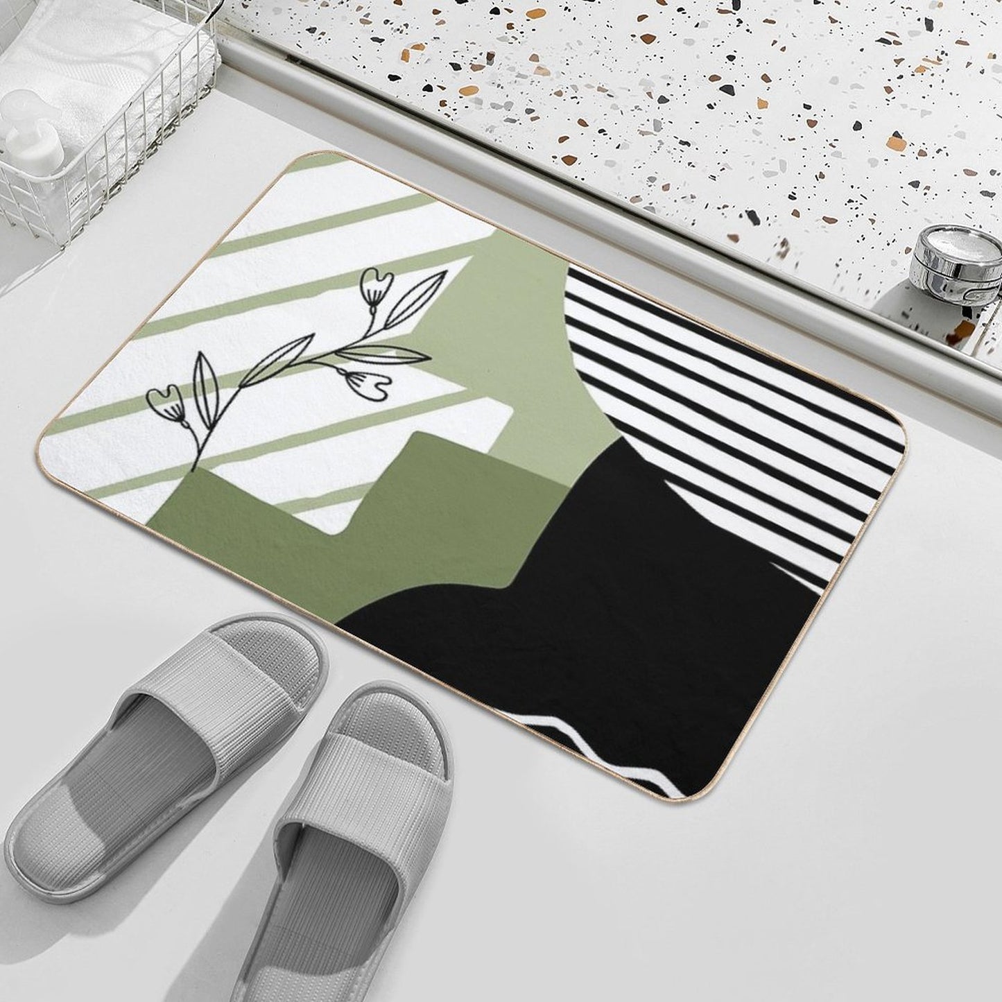 Sage, White And Black Retro Abstract Boho Design  Growing  Long-Lasting Bath Mat
