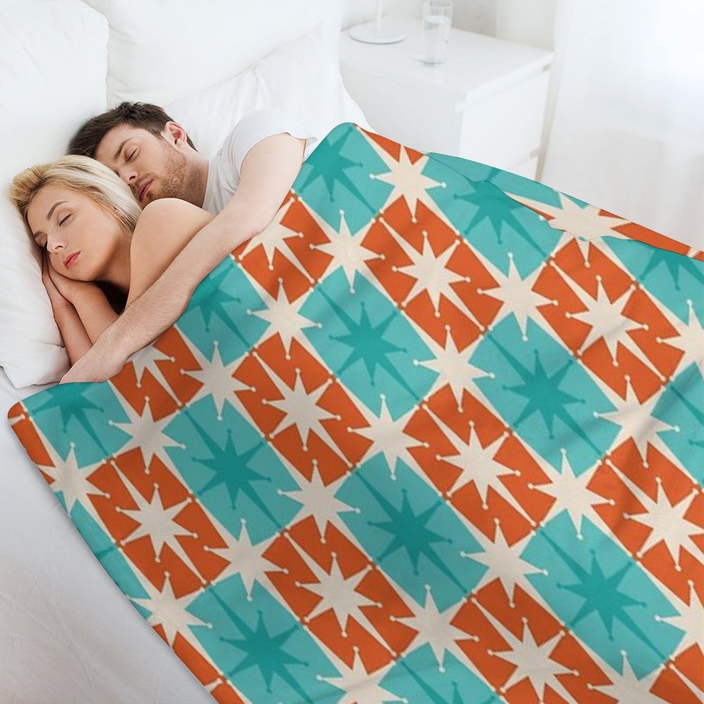Mid Century Modern Atomic Stars Retro Checkered Starburst Pattern in Teal Turquoise Orange Shrink-resistant Throw Blanket