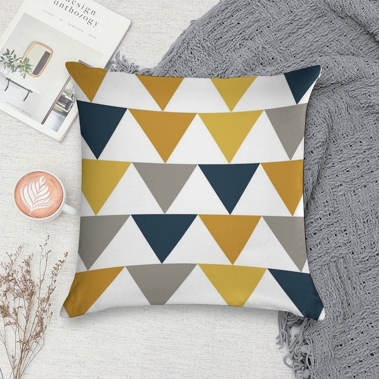 Arrows Light Mustard Yellow, Dark Mustard Yellow, Dark Blue, Grey, And White Geometric Pattern Soft Anti-Pilling Throw Pillow