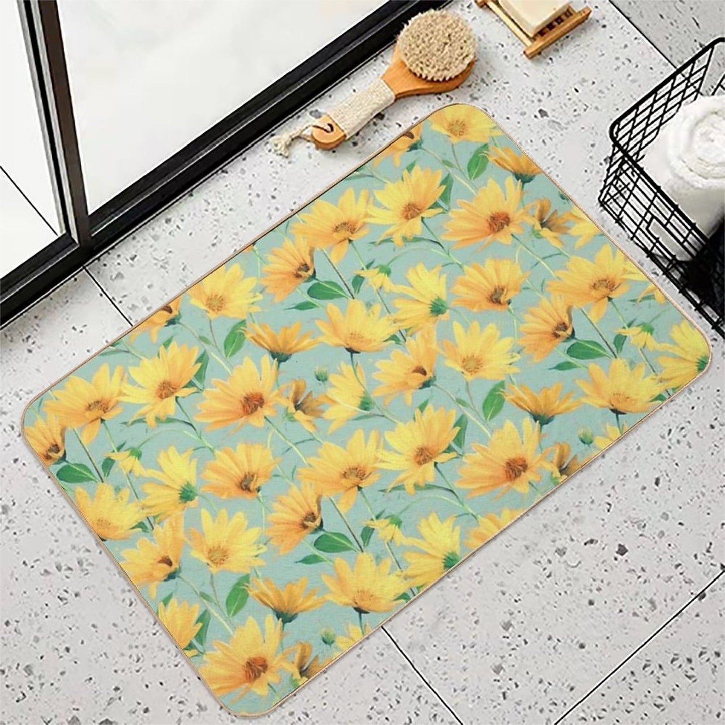 Painted Golden Yellow Daisies on Soft Sage Green  Long-Lasting Bath Mat