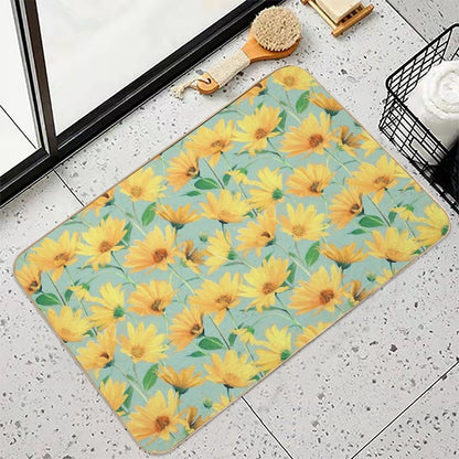 Painted Golden Yellow Daisies on Soft Sage Green  Long-Lasting Bath Mat