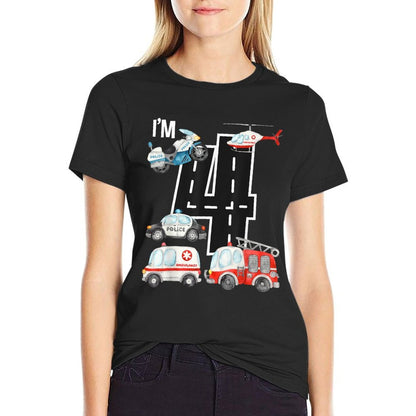 Emergency Vehicles 4th Birthday Fire Truck Police Car Boys  Easy-care T-Shirt