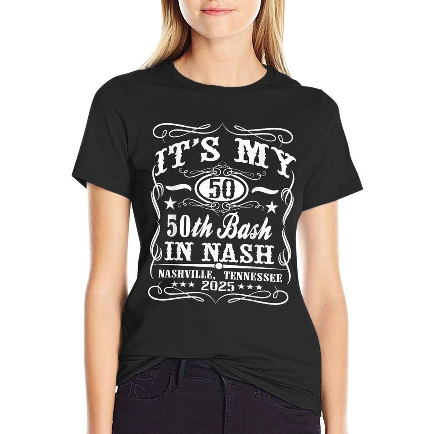 Nashville Birthday Crew 50th Birthday Whiskey Theme - Black, Small, Adult, Unisex,,, Polyester 100, Retro-Modern, Music, Birthd  Stretchy T-Shirt