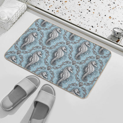 Victorian Seahorse Damask in Powder Blue Antique Steampunk  Stain-Proof Bath Mat