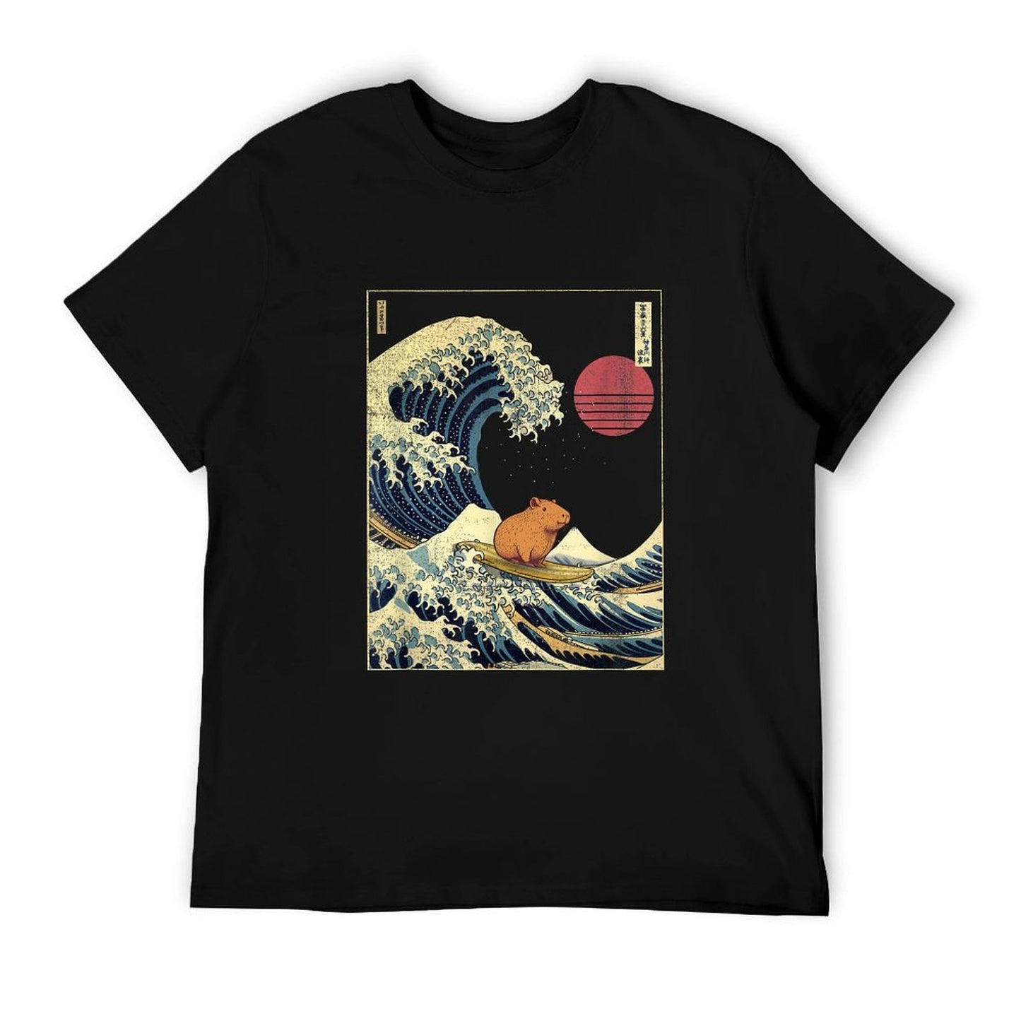 Capybara Japanese Kanagawa Wave Funny Surf Animal Rolled Sleeves T-Shirt
