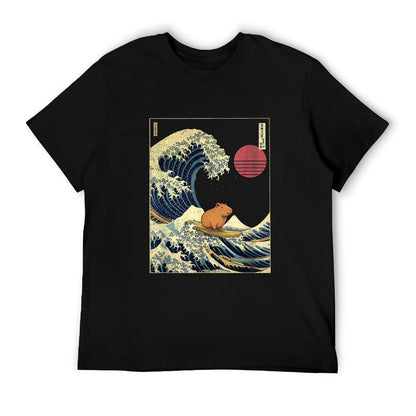 Capybara Japanese Kanagawa Wave Funny Surf Animal Rolled Sleeves T-Shirt