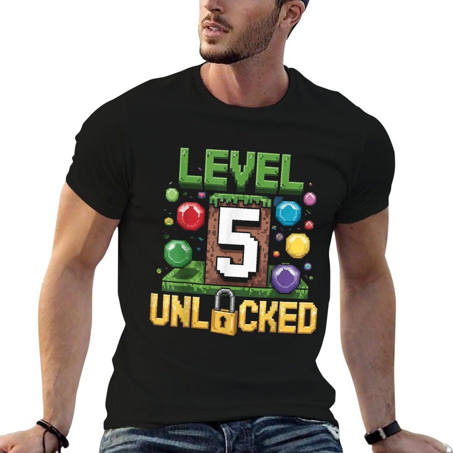 Birthday Boy Level 5 Unlocked 5th Birthday Game Pixel  Cotton T-Shirt