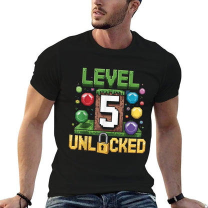 Birthday Boy Level 5 Unlocked 5th Birthday Game Pixel  Cotton T-Shirt