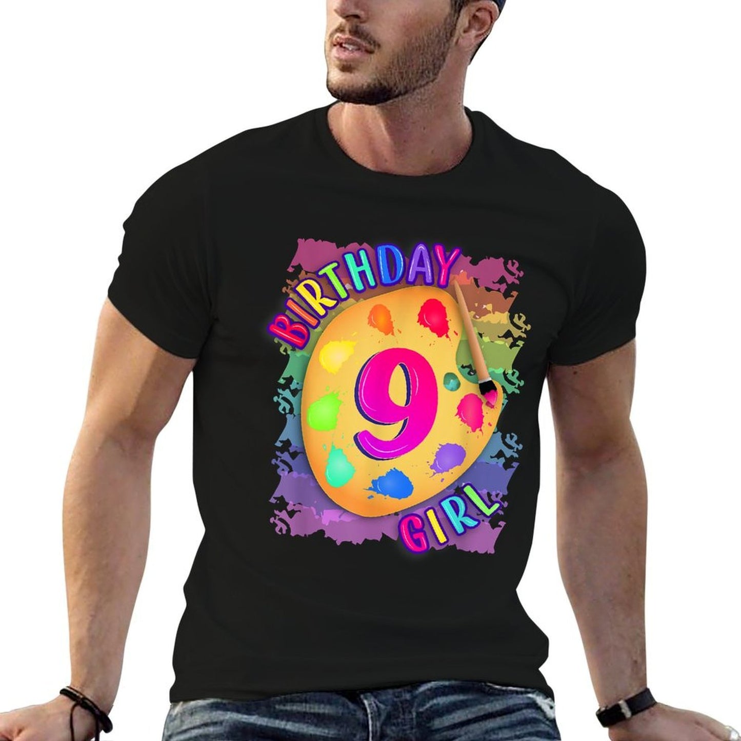 Nine Year Old Birthday Girl Painting Party Brush And Palette  Tagless Design T-Shirt