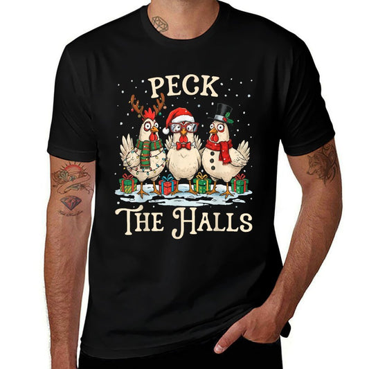 Peck The Halls Chicken Christmas Farm Animal Funny Santa Hat  Fade-proof Color T-Shirt