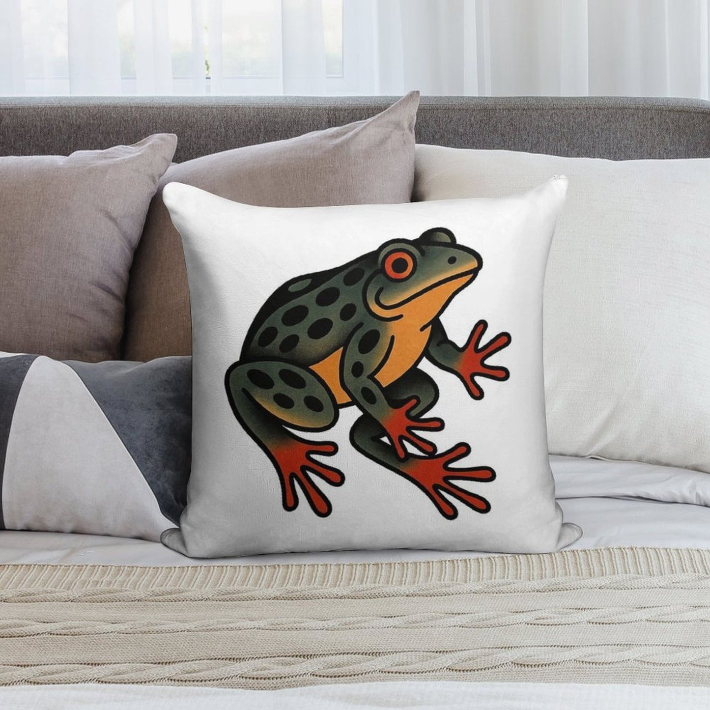 Frog American Traditional Tattoo Soft Short Plush Fabric Throw Pillow
