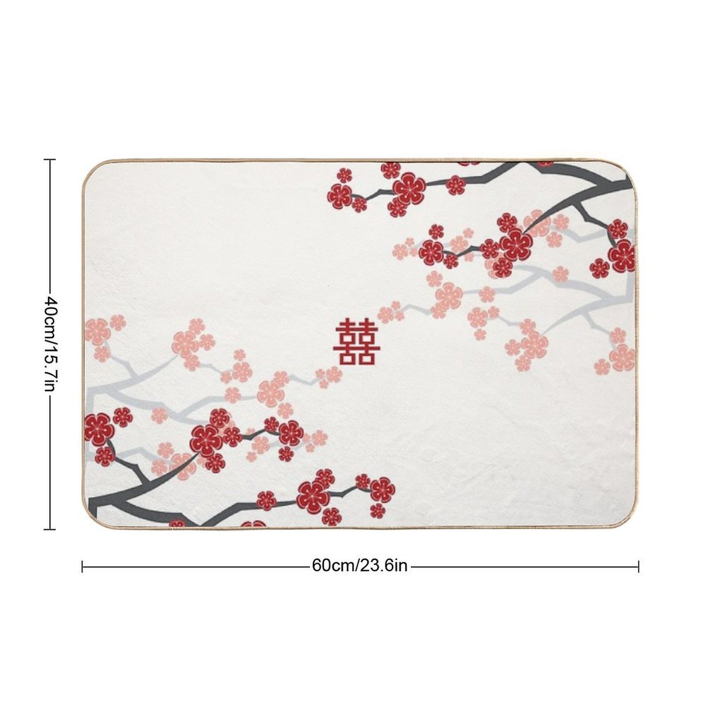 Red Oriental Cherry Blossoms on Ivory And Chinese Wedding Double Happiness  Japanese Sakura © Fatfatin  High-Traffic Bath Mat