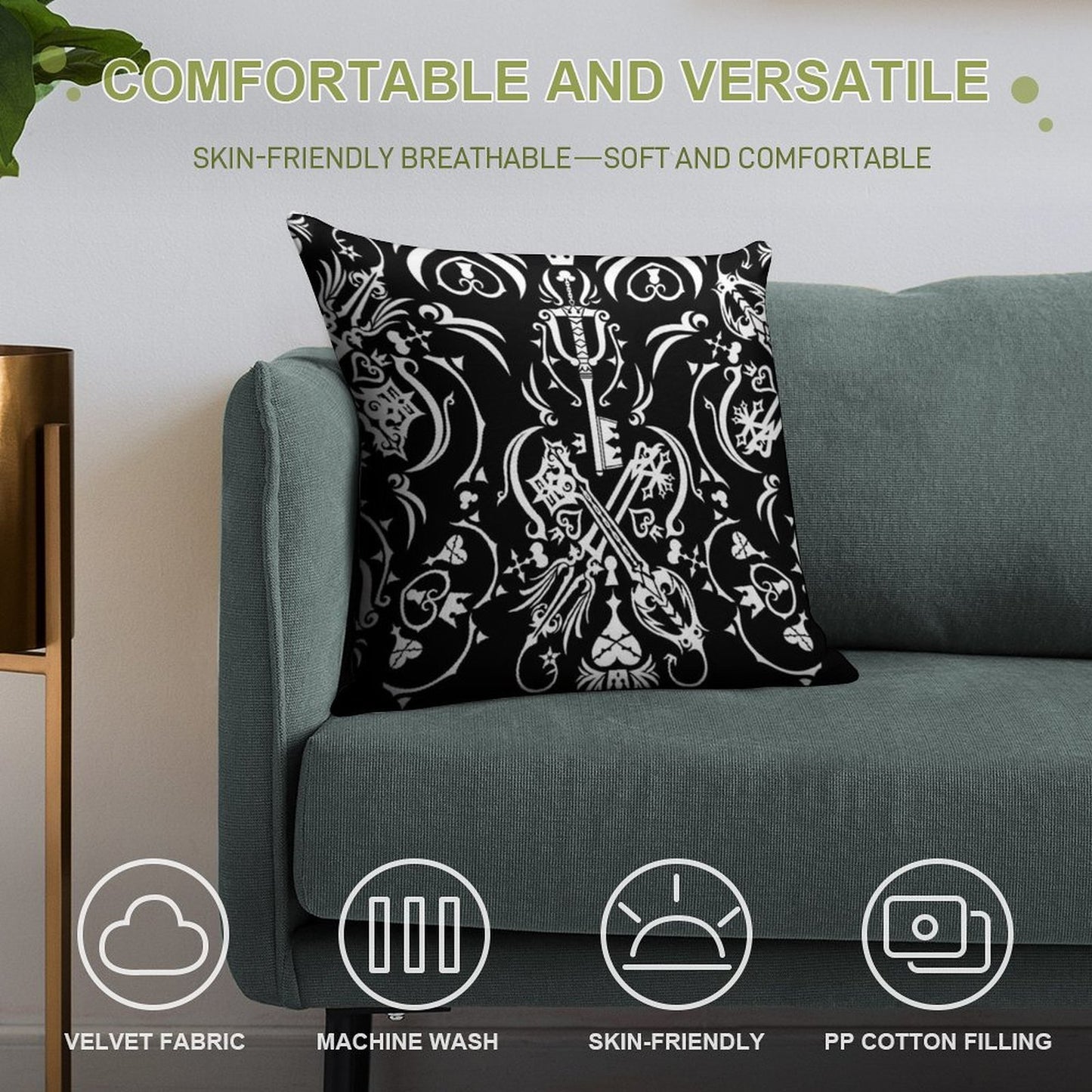 Kingdom Hearts - Black Soft Washable Throw Pillow