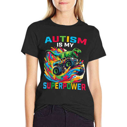 Autism Is My Superpower Dino T Rex Monster Truck Kids Boys  Relaxed-fit T-Shirt