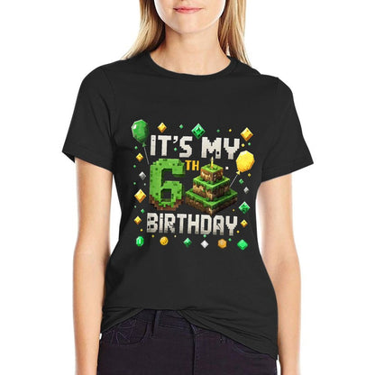 Kids It's My 6th Birthday 6 Six Birthday Boys Pixel Game  Oversized Silhouette T-Shirt