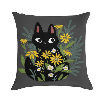 Black Cat with Flowers Soft Anti-Pilling Throw Pillow