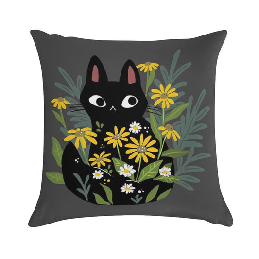 Black Cat with Flowers Soft Anti-Pilling Throw Pillow
