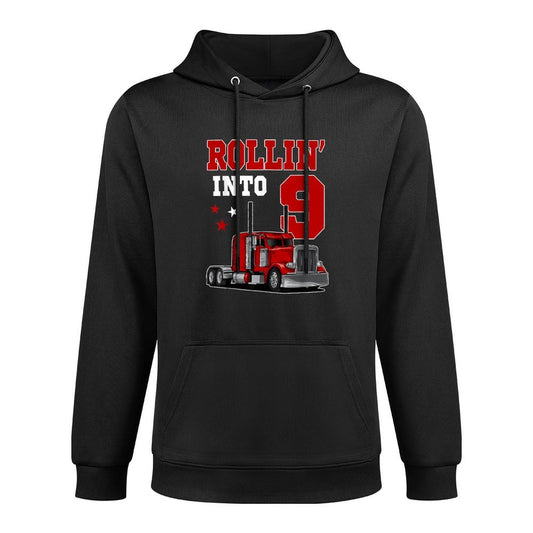 Rollin' Into 9th Bday Semi Trailer Truck Theme 9 Year Old Moisture-Wicking Hoodie