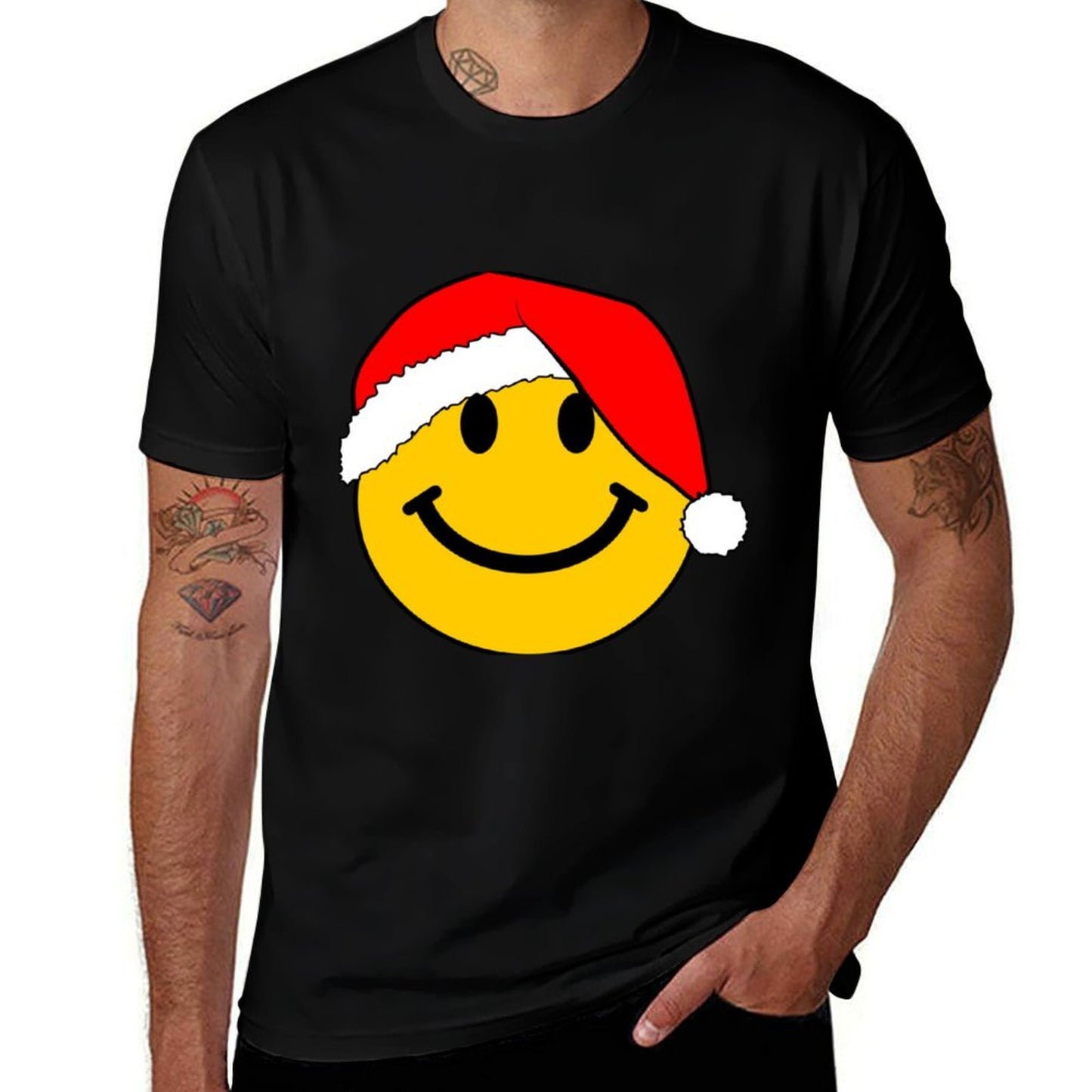 Happy Face with Christmas Santa Hat Long Sleeve Tshirt  High-quality Stitching T-Shirt