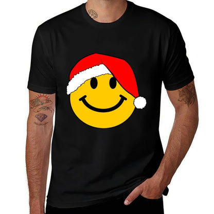 Happy Face with Christmas Santa Hat Long Sleeve Tshirt  High-quality Stitching T-Shirt