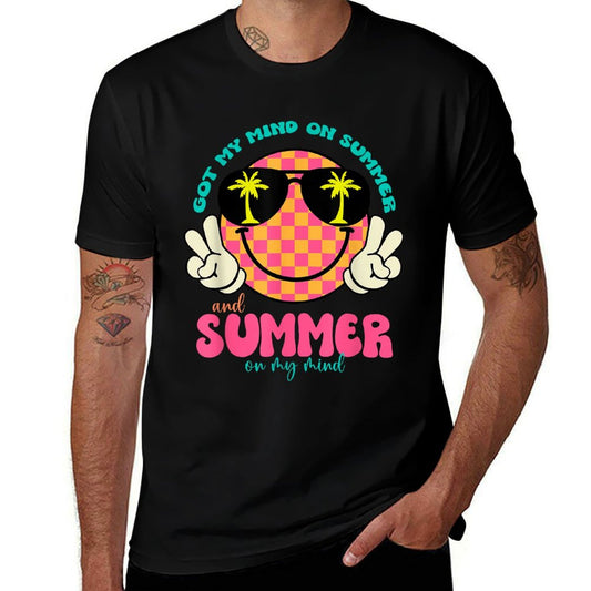 Groovy Happy Face Summer Vibes Got My Mind On Summer Teacher Rolled Sleeves T-Shirt